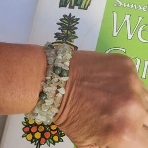 Wire strung prehnite‎ and jade bracelet